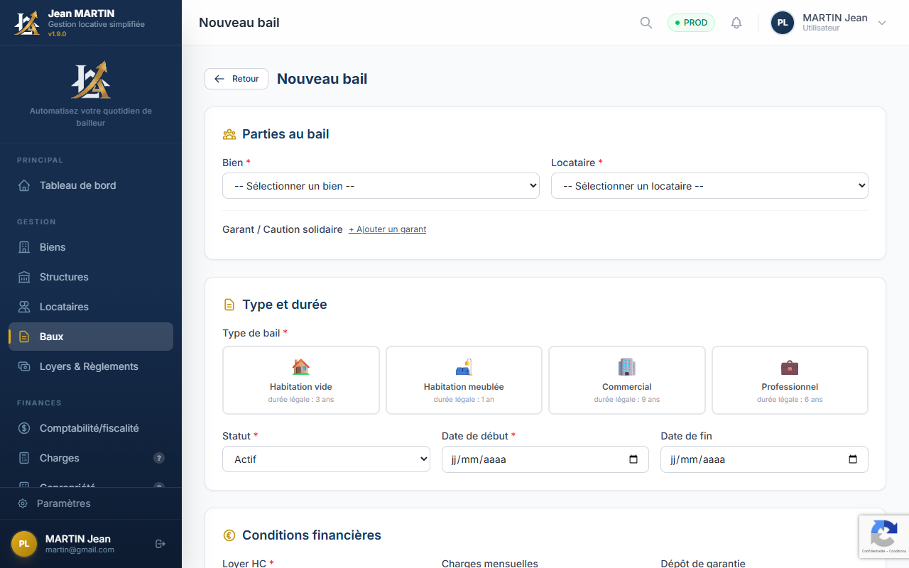 Formulaire de creation d'un bail
