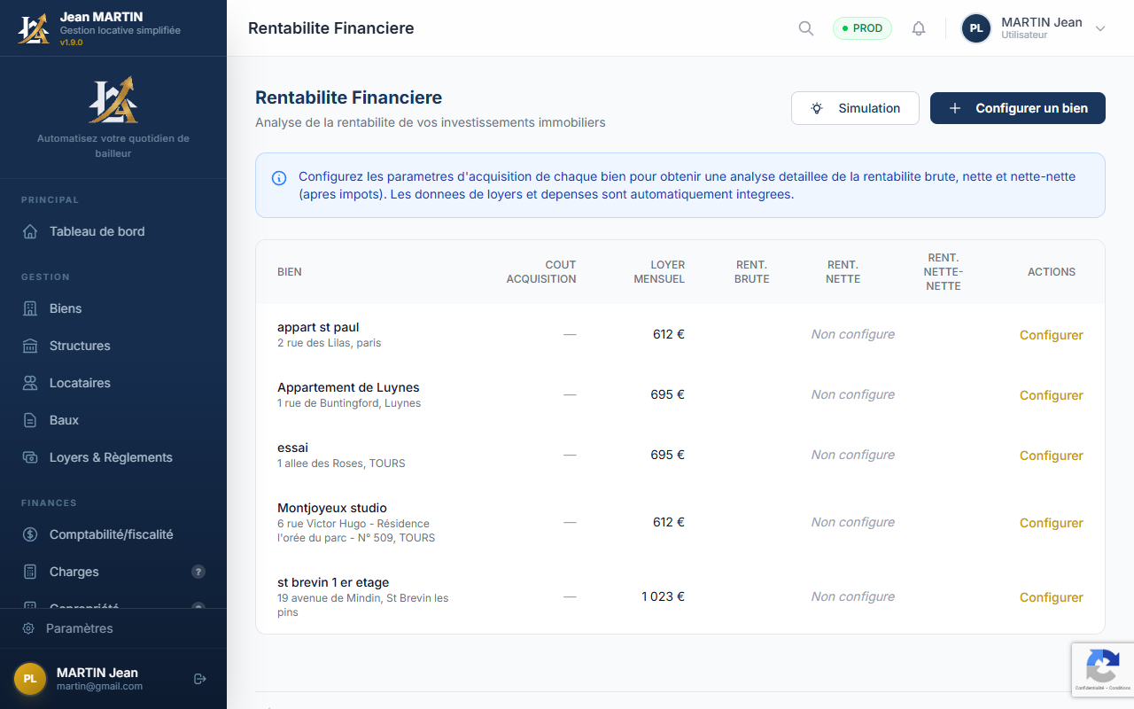 Liste des simulations de rentabilite